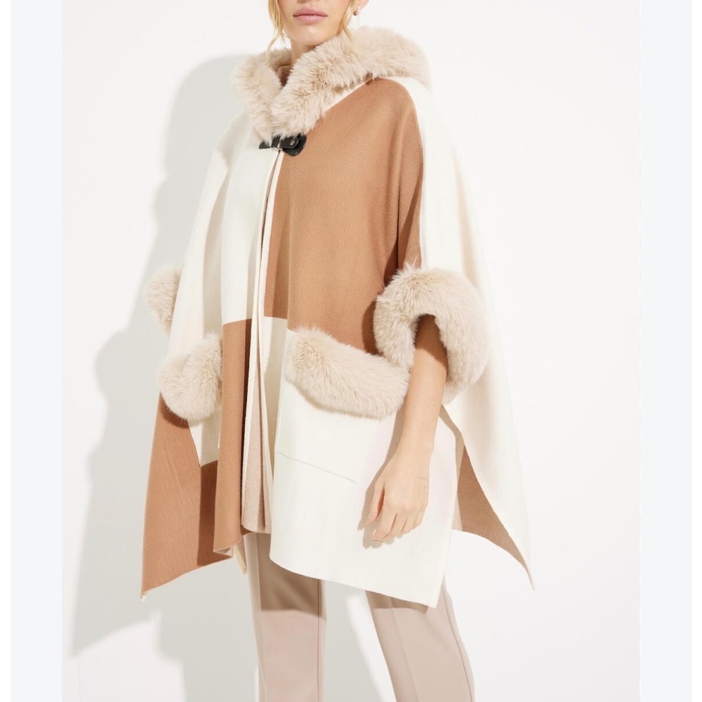 Joseph Ribkoff Poncho Cape Women Camel Cream Fur Trim Hooded Luxury Colorblock